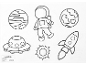 Kleurplaat met ruimtevaartthema met astronaut, planeten, UFO, zon en raket.