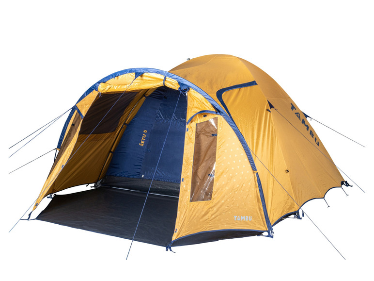 Een gele Tambu-tent met een donkerblauwe binnenkant