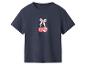Donkerblauw T-shirt met rode kersen en witte strikprint.