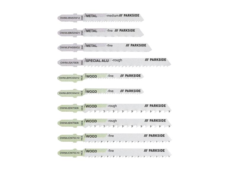 Parkside decoupeerzaagbladen voor metaal, speciaal aluminium en hout, met diverse zaagsneden.