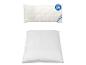 Twee witte kussens, één gewatteerd met Blauer Engel-label, de andere effen.