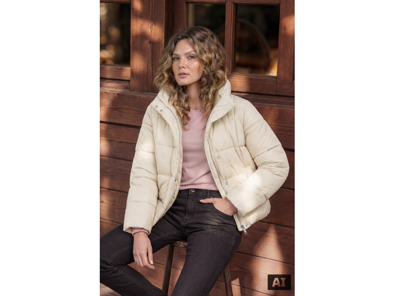 Vrouw in crèmekleurige pufferjas, roze shirt met lange mouwen en donkere jeans, buiten zittend.