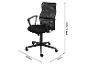 Zwarte bureaustoel met mesh rugleuning en wielen, afmetingen: 97,5-107cm hoog, 59,5cm breed en 55cm diep.