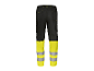Zwarte werkkledingbroek met gele reflecterende details.