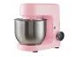 Roze keukenmachine met roestvrijstalen kom en digitaal display.