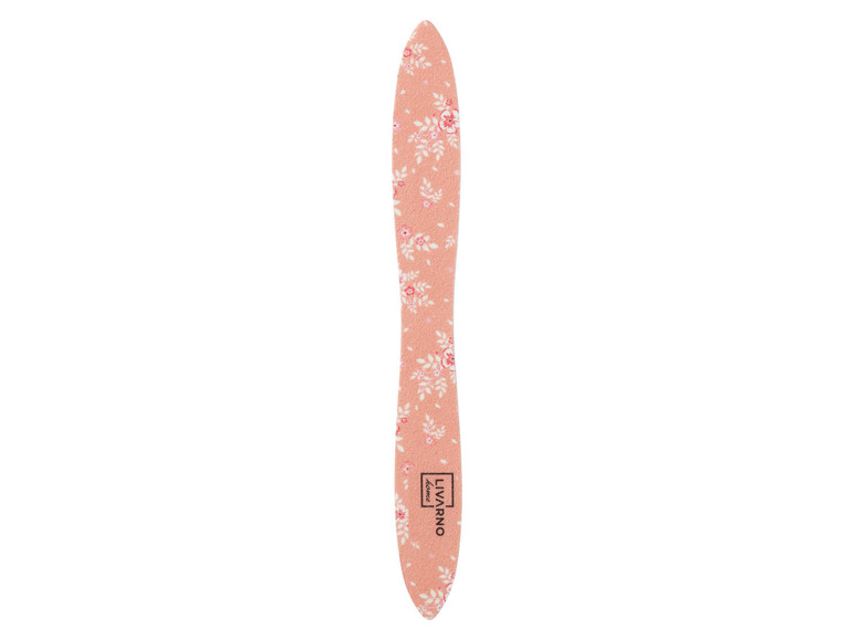 Een roze nagelvijl met bloemenprint van Livarno.