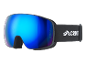 Skibril met blauwe spiegelglazen en zwarte band met wit logo.