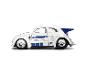Wit modelauto met blauwe R2-D2-geïnspireerde details op een witte achtergrond.