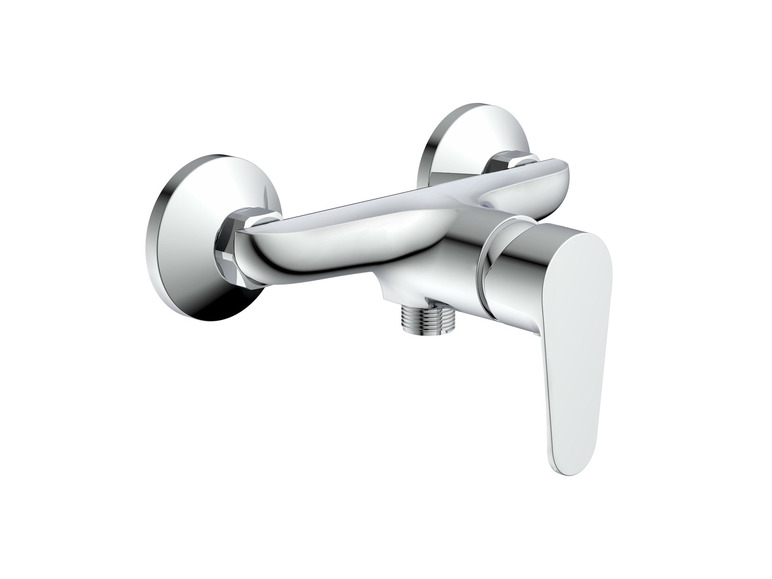 Een chromen douchekraan met een ronde hendel.