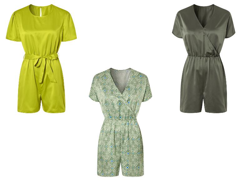 Korte jumpsuits: effen limoengroen, effen olijfgroen en groen geometrisch patroon.