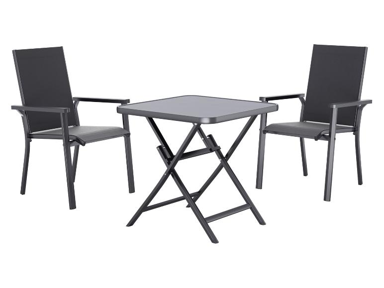 Bistroset voor buiten met twee donkergrijze stoelen en een bijpassende vierkante klaptafel.