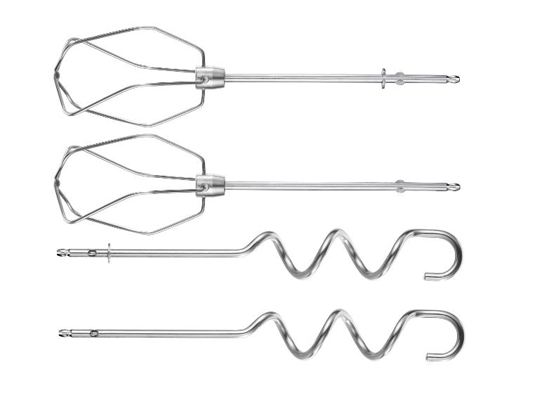 Set van vier roestvrijstalen mixeraccessoires: twee gardes en twee deeghaken.