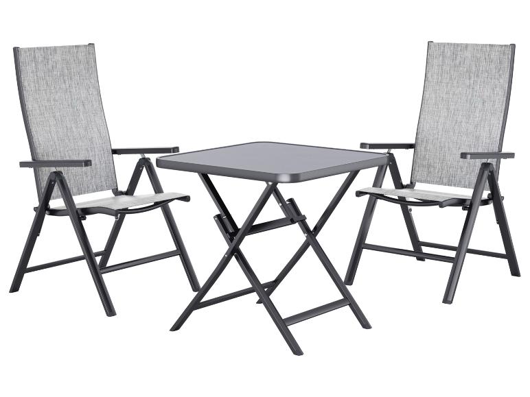 Set opvouwbare tuinmeubelen met twee grijze stoelen en een vierkante tafel.