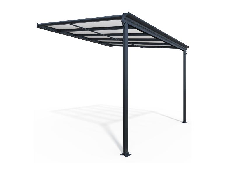 Donkergrijze carport of terrasoverkapping met doorschijnend dak op een witte achtergrond