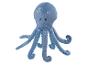 Blauwe octopus knuffel met een lachend gezicht en witte stippen.