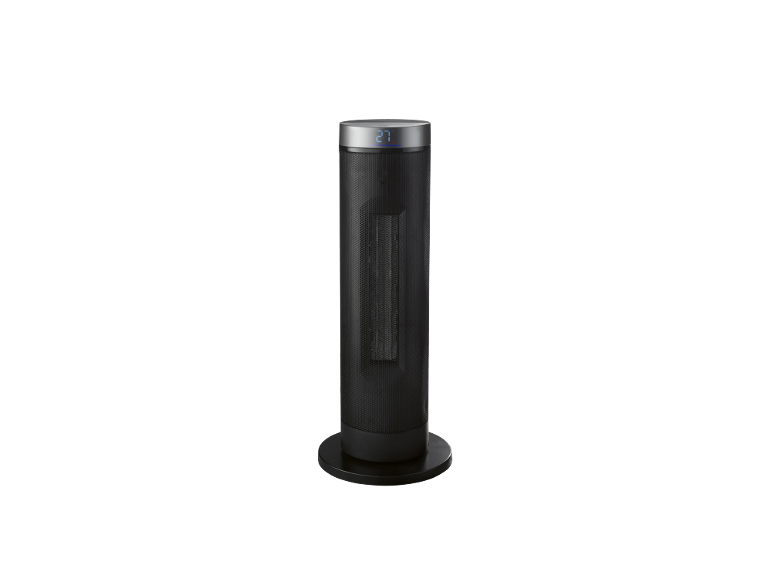 Zwarte torenverwarming met digitaal display dat 27°C aangeeft.