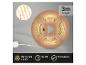 Een opgerolde LED-strip met specificaties voor warm wit 3000K, 3m lengte, schakelaar en inkortbaarheid.