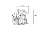 Kleine houten speelhuisje met afmetingen: hoogte 1505 mm, breedte 1180 mm en diepte 1140 mm.