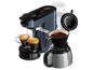 Een Philips Senseo koffiezetapparaat met twee kopjes koffie en een thermoskan.