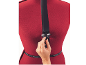 Rode paspop met een hand die de taille-instelling aanpast, met 'WAIST'-label.