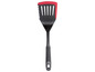 Een zwarte spatel met een rode siliconen handgreep.