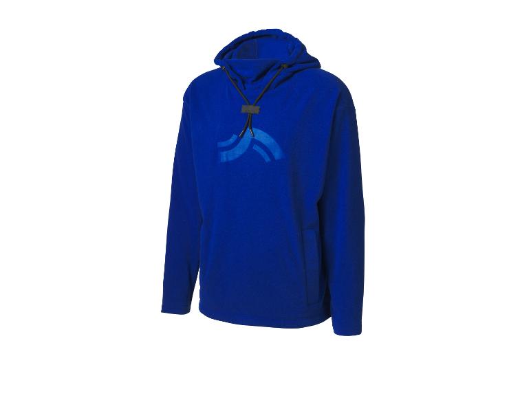 Blauwe hoodie met trekkoorden, voorzien van een gestileerd logo op de borst.