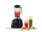 Een zwarte Bosch blender met twee glazen smoothies