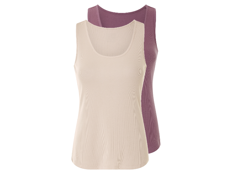 Twee geribbelde tanktops in beige en mauve.