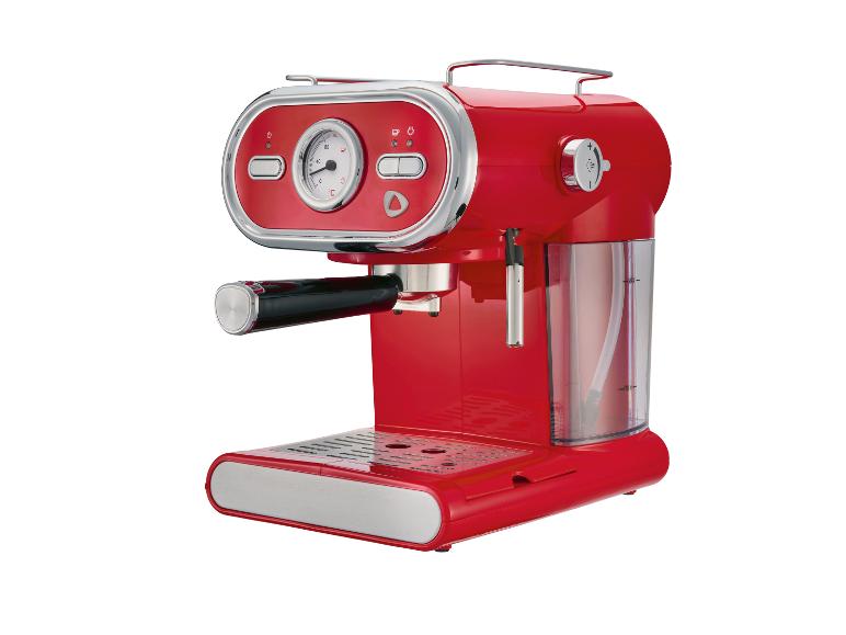 Rood retro-stijl espressomachine met drukmeter en stoompijpje.