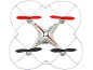 Witte quadcopter drone met rode en zwarte propellers van bovenaf gezien