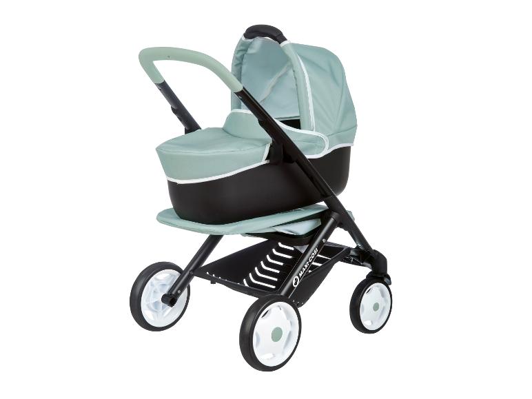 Een Maxi-Cosi kinderwagen met een grijs-groene bekleding.