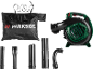 Groen-zwarte bladblazer met opvangzak en diverse buisaccessoires.