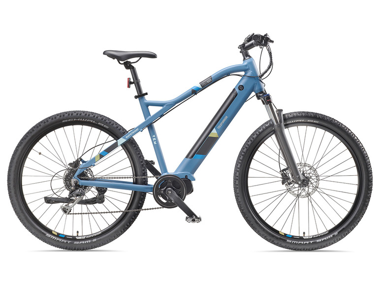Een blauwe Telefunken e-mountainbike met schijfremmen.