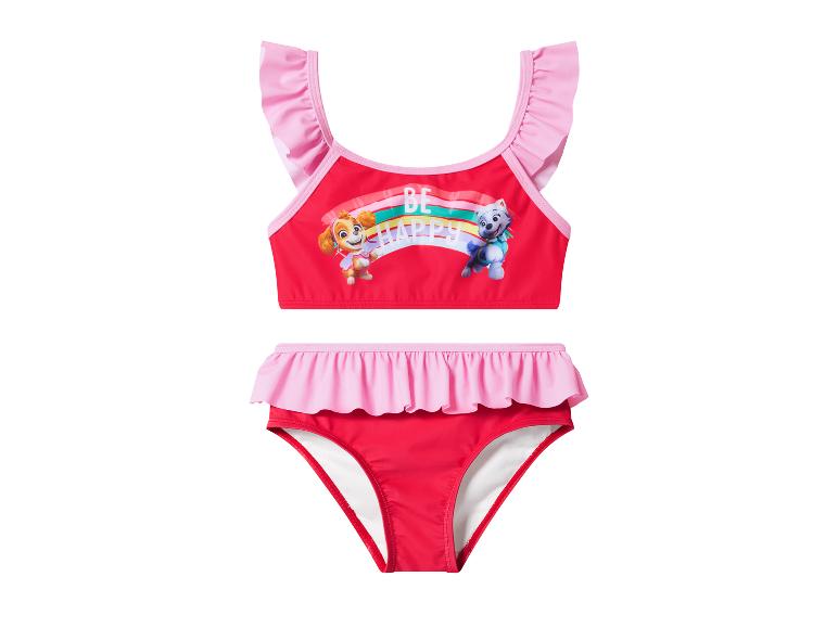 Rode tweedelige zwemkleding met roze ruches en puppy-opdruk met de tekst 'BE HAPPY'.
