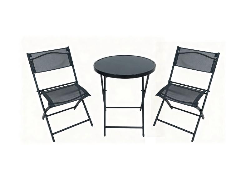 Bistroset met ronde tafel en twee opvouwbare netstoelen, zwart