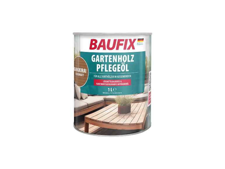 Baufix onderhoudsolie voor hardhout buiten.