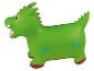 Groen opblaasbaar draken springdier met rode hoorns en stekels, en blauwe wolkdetails.