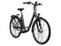 Grijze elektrische fiets met bagagedrager en verlichting, vooraanzicht.