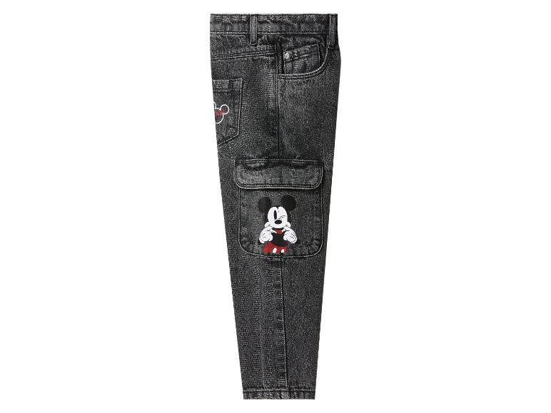 Zwarte denim broek met zakken en Mickey Mouse-motief.