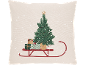 Kerstkussen met slee, kerstboom, cadeaus en sneeuwvlokken