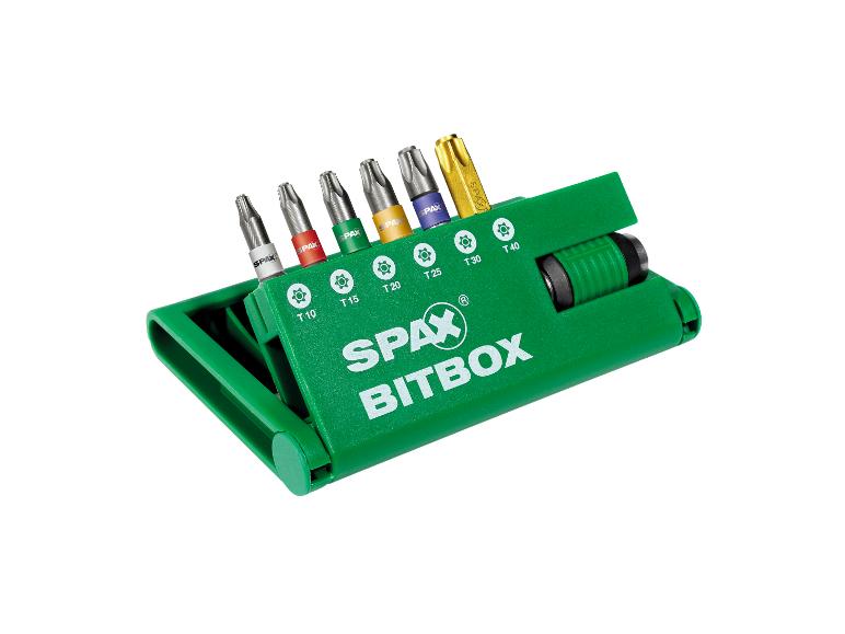 Groene bitset met zes schroefbits van verschillende groottes en de tekst 'BITBOX'.