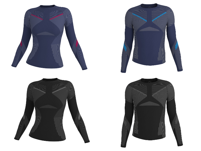 CRIVIT functionele onderhemden voor dames en heren in blauw en zwart met patronen.