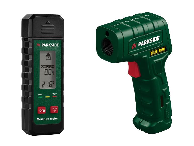 Twee Parkside meetinstrumenten: een vochtmeter en een infrarood thermometer.