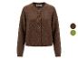 Bruin gebreid vest met knopen, met kleurstalen in bruin en olijfgroen.