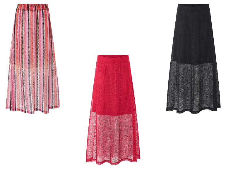 Drie gebreide rokken met mesh details: gestreept, rood en zwart.