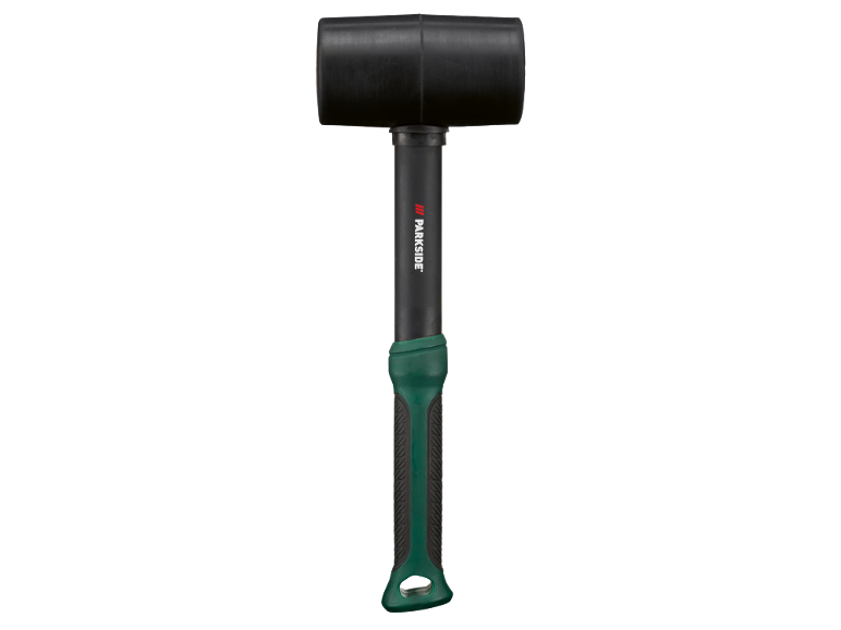 Zwarte rubberen hamer met een groen handvat en zwarte rubberen grip.