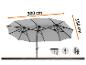 Grijze dubbele terrasparasol van 300 cm x 150 cm, toont openingsmechanisme en hoes.