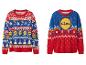 Twee Lidl-kersttruien, één met feestelijke patronen en logo's, de andere met een groot logo.
