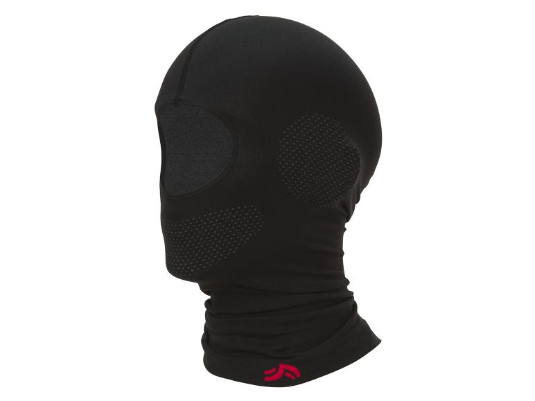 Een zwarte balaclava met een gat voor de ogen en het merk BUFF.