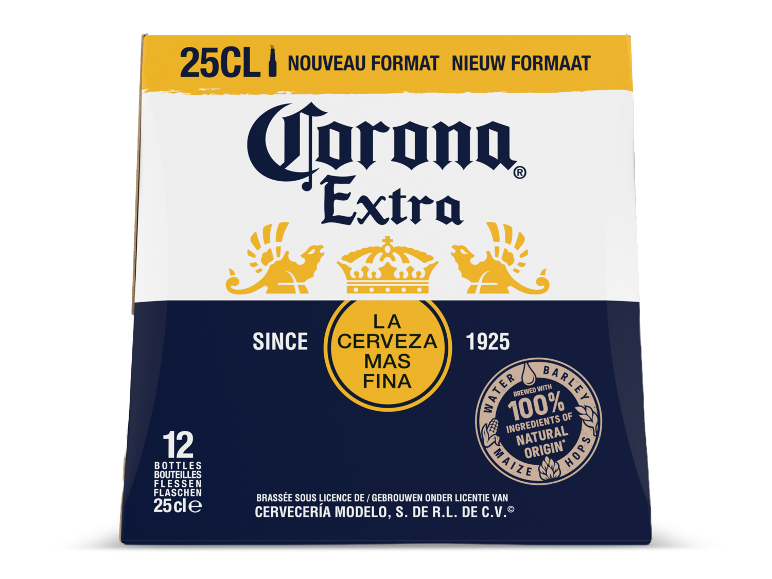 Verpakking van 12 bierflesjes van 25 cl in een blauw, wit en geel design.